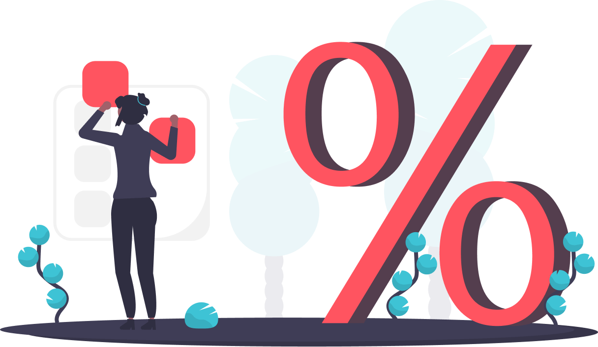 Illustração dos problemas, mulher mexendo em uma calculado ao lado de um enorme símbolo de porcentagem.